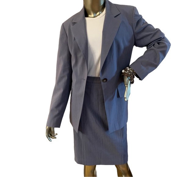 Skirt Suit Blue Gray Pinstripe Harve’ Bernard Size 10/12 - Picture 5 of 16